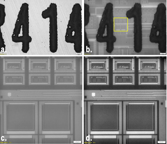 DP23Mモノクロカメラによる5倍明視野観察画像。 a.) 5倍明視野観察画像 b.) 5倍IR観察画像（BP1100 nmフィルター） c.) トリミングした20倍IR観察画像 d.) トリミングした20倍IR観察画像（DCEフィルター）