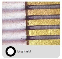 Conventional: brightfield shines the light straight down on the sample while traditional darkfield highlights scratches and imperfections on a flat surface by illuminating the sample from the side of the objective