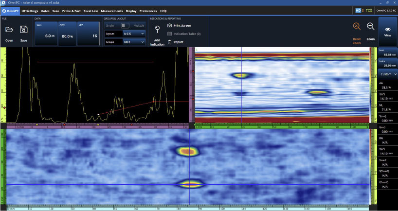 在使用RollerFORM XL扫查器对风力涡轮机叶片样品进行检测时，OmniScan X3超声探伤仪上显示的数据