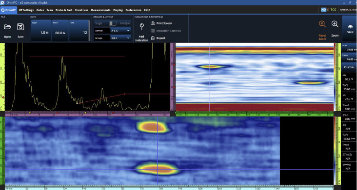 使用I5探头检测风力叶片时，OmniScan X3相控阵探伤仪上显示的数据