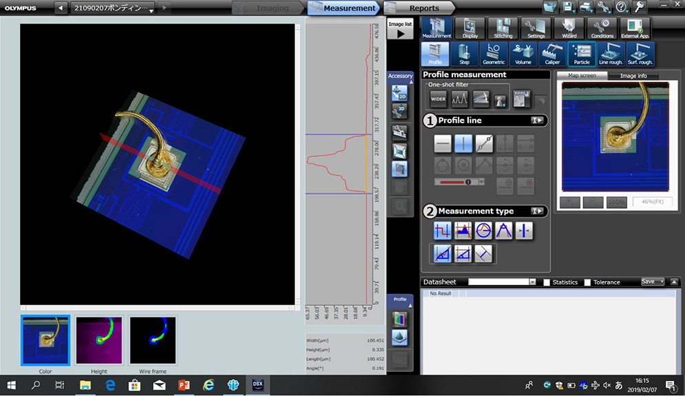 3D画像の任意の位置のプロファイルが表示され、3次元計測がおこなえます