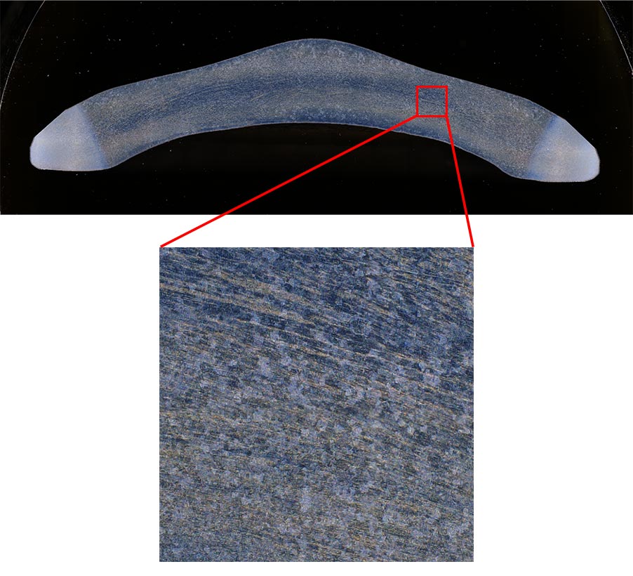 An auto-pasted image of a forged part made from several high-magnification images captured by the DSX1000 digital microscope (140X, 6 images vertically, 17 images horizontally). 