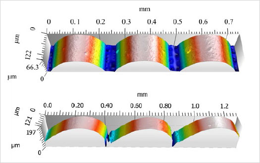 Figure 2 : Rendering of surface measurements from side (above) and angled bevel (below) with 254μm layers.