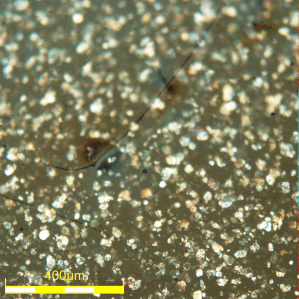 Defect under DIC, DF, and POL, showing how, despite being subsurface, it has effects on the surface finish—277x, DSX510 microscope.