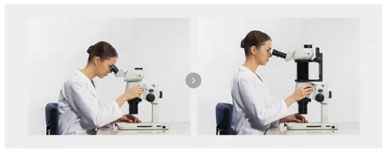 Operatore di laboratorio seduto con una postura ottimale davanti a un ergonomico microscopio stereoscopico industriale SZX 
