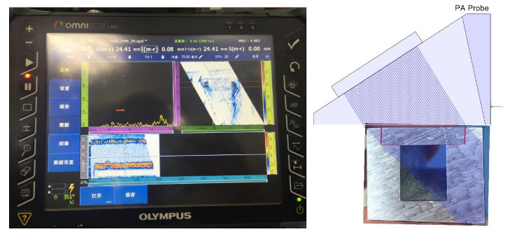 Rilevatore di difetti phased array OmniScan MX2 utilizzato per ispezionare una saldatura a frizione in una piastra di raffreddamento a liquidi usata per lo scambio di calore mediante il liquido di raffreddamento