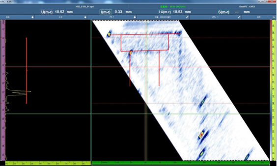 Immagine della scansione nella saldatura a frizione prodotta dal rilevatore di difetti ad ultrasuoni phased array OmniScan MX2