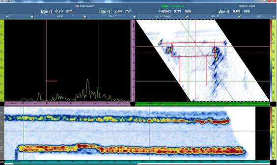 Immagini della scansione dei difetti rilevati nella saldatura a frizione prodotte dal rilevatore di difetti ad ultrasuoni phased array OmniScan MX2 