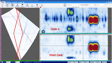 WeldSight软件的焊缝闸门应用于OmniScan X3的odat采集文件，显示了焊缝中缺陷的放大图像