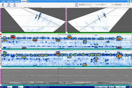 OmniScan X3探伤仪采集的相控阵和衍射时差（TOFD）数据显示在WeldSight高级NDT分析软件中记录的定制布局中