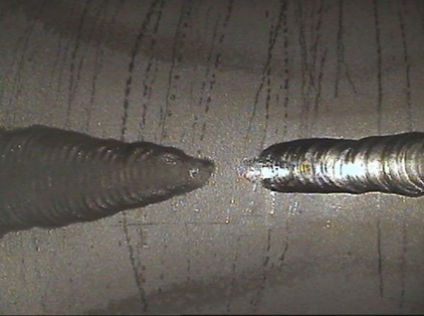 Image on an Olympus IPLEX videoscope inside a stainless steel processing pipe of a weld showing lack of penetration