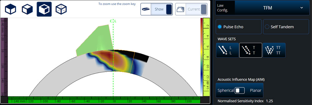 在管道外壁上使用探头和楔块以及TFM的球面反射体T-T声波组进行检测所获得的AIM模拟图示例