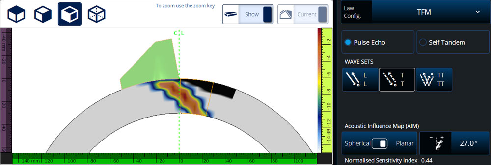 使用探头和楔块以及TFM的平面反射体T-T声波组在管道外壁上进行检测获得的AIM模拟图示例