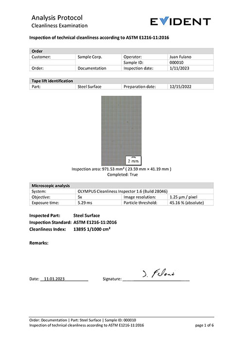 符合ASTM E1216-11标准的技术清洁度检测报告