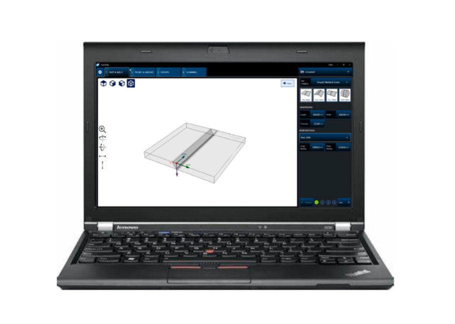 A laptop showing the part and weld setup in the scan plan builder software for the OmniScan phased array flaw detector
