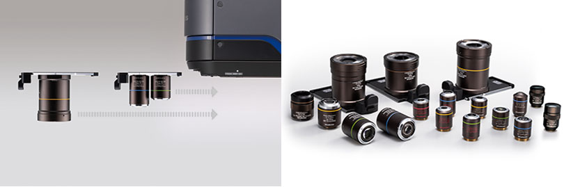 （左图）DSX1000数码显微镜上的简易物镜更换机构。（右图）用于DSX1000数码显微镜的物镜系列