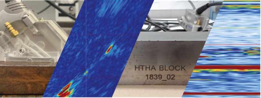Phased array probe on a standard juxtapositioned with TFM imaging of a flaw a standard containing HTHA and phased array imaging of the standard.
