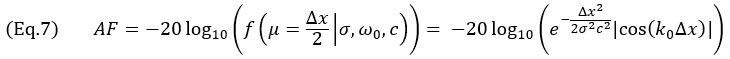 （公式7）AF=-20 log_10⁡〖(f(μ=Δx/2│σ,ω_0,c))= -20 log_10⁡(e^(-(Δx^2)/(2σ^2 c^2 )) |cos⁡(k_0 Δx) |) 〗，