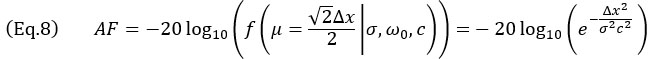 （公式8）F=-20 log_10⁡〖(f(μ=(√2 Δx)/2│σ,ω_0,c))=〗-20 log_10⁡〖(e^(-(Δx^2)/(σ^2 c^2 )) )。〗