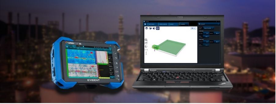 OmniScan X4 with TFM and PCI on the screen beside a laptop with a scan plan builder on its display