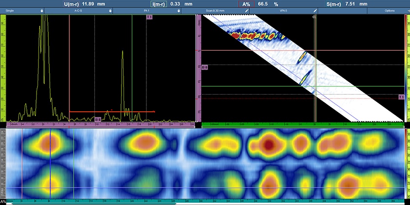 使用标准楔块和超声探头对外径为4.5英寸的管道进行相控阵超声检测时，OmniScan MX2仪器屏幕上显示的A扫描、S扫描和C扫描结果。