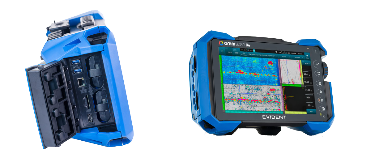 OmniScan X4 side view with USB port show. Right image: OmniScan X4 front view showing total focusing method and phase coherence imaging on the display