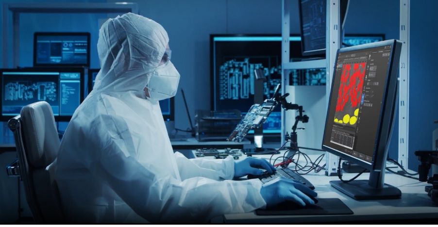 使用工业显微镜成像和测量软件的制造工业检测室技术人员