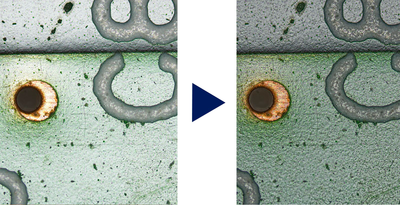 A pair of images captured with the DP75 digital microscope camera showing how high dynamic range enhances the images contrast.