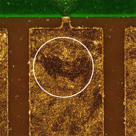 ②表面実装工程などの過熱による焦げ（観察方法:偏光観察）