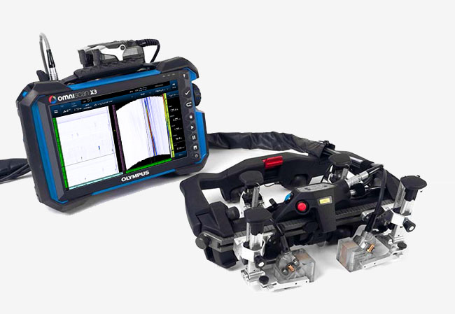 用于检测钢管焊缝的电阻焊缝检测系统。OmniScan探伤仪和AxSEAM扫查器配套使用,可以采用相控阵技术、TOFD技术和全聚焦方式(TFM)进行检测。