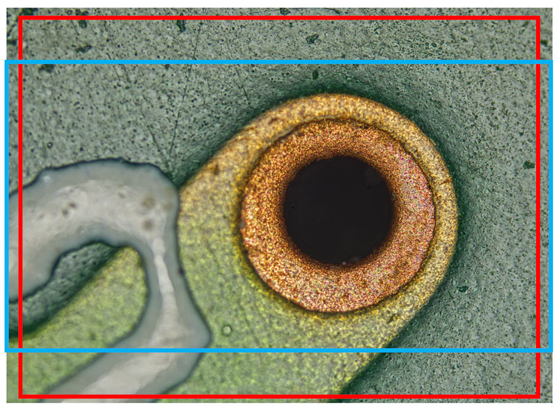 使用DP75数码显微相机捕获的图像。红色轮廓区域显示的是DP75相机与0.63倍TV适配器配合使用时的视场,蓝色轮廓区域显示的是DP74相机的视场。