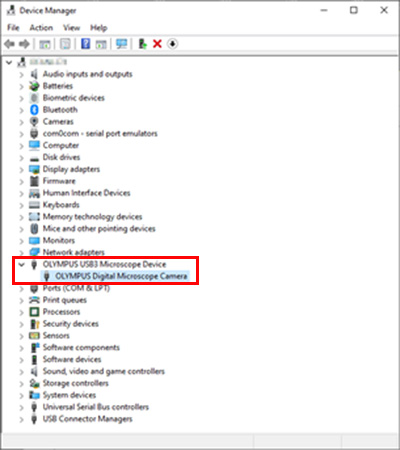 Make sure the camera driver is listed as OLYMPUS Digital Microscope Camera
