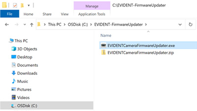 Open the local HDD/SDD folder, which contains the downloaded EVIDENT Camera Firmware Updater ZIP file in Windows Explorer and extract it.