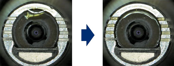 Objective lens before and after the attached oil is removed