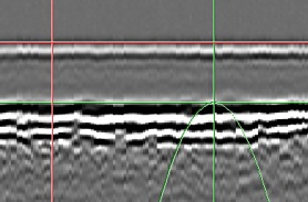 Measurement in good area showing Thickness as 7.39mm. Tofd (m-r) reading shows distance between positioned cursors.