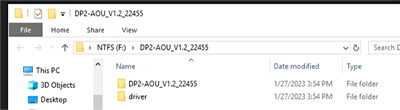 The DP2-AOU_V1.2_22455 folder contains the DP2-AOU V1.2 upgrade installer, and the driver folder is used only when the DP2-AVS license is activated.