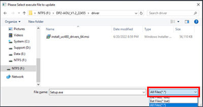 If the file is not displayed, change the file filter at the bottom right of the dialog to All Files to display it