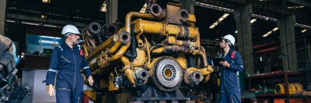 2人の作業員により検査中のレシプロ内燃機関