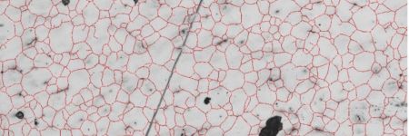 ディープラーニング画像解析を使用して金属組織断面内で検出された粒界